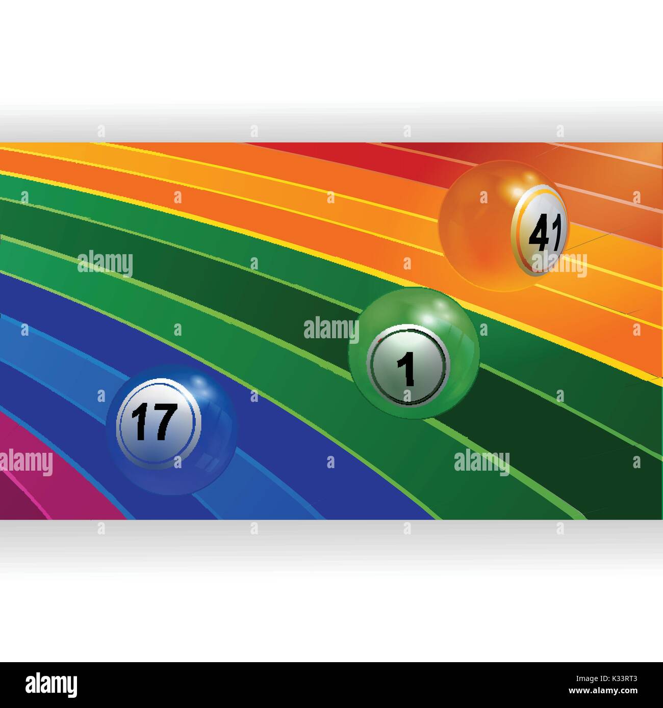 3D-Darstellung der drei Bingo Lotterie Kugeln rollen über Gekrümmte bunten Regenbogen Panel Stock Vektor