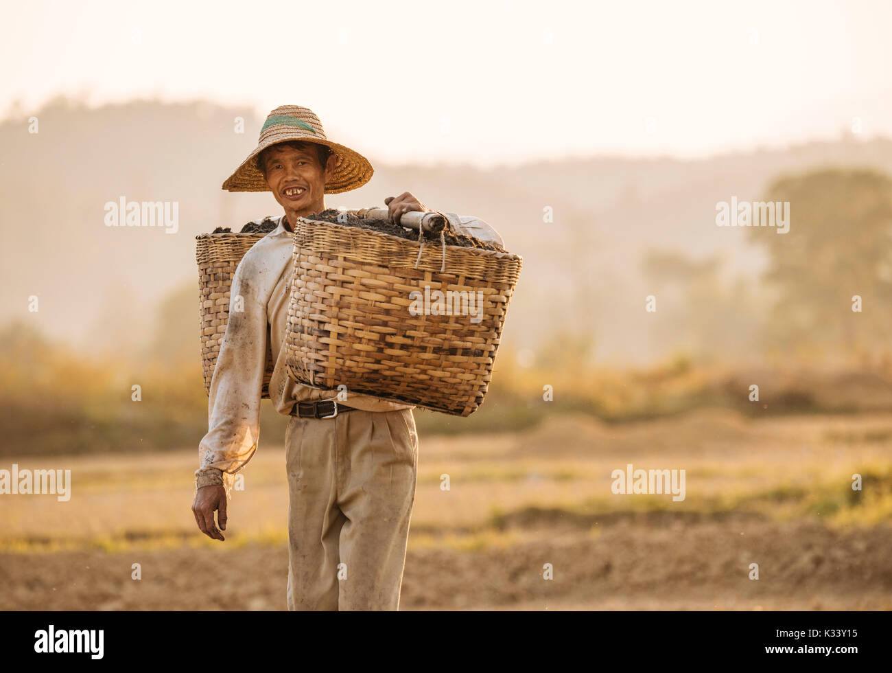 Mann bei der Arbeit im Reisfeld in der Nähe von Hsipaw, Shan Staat, Myanmar, Asien Stockfoto