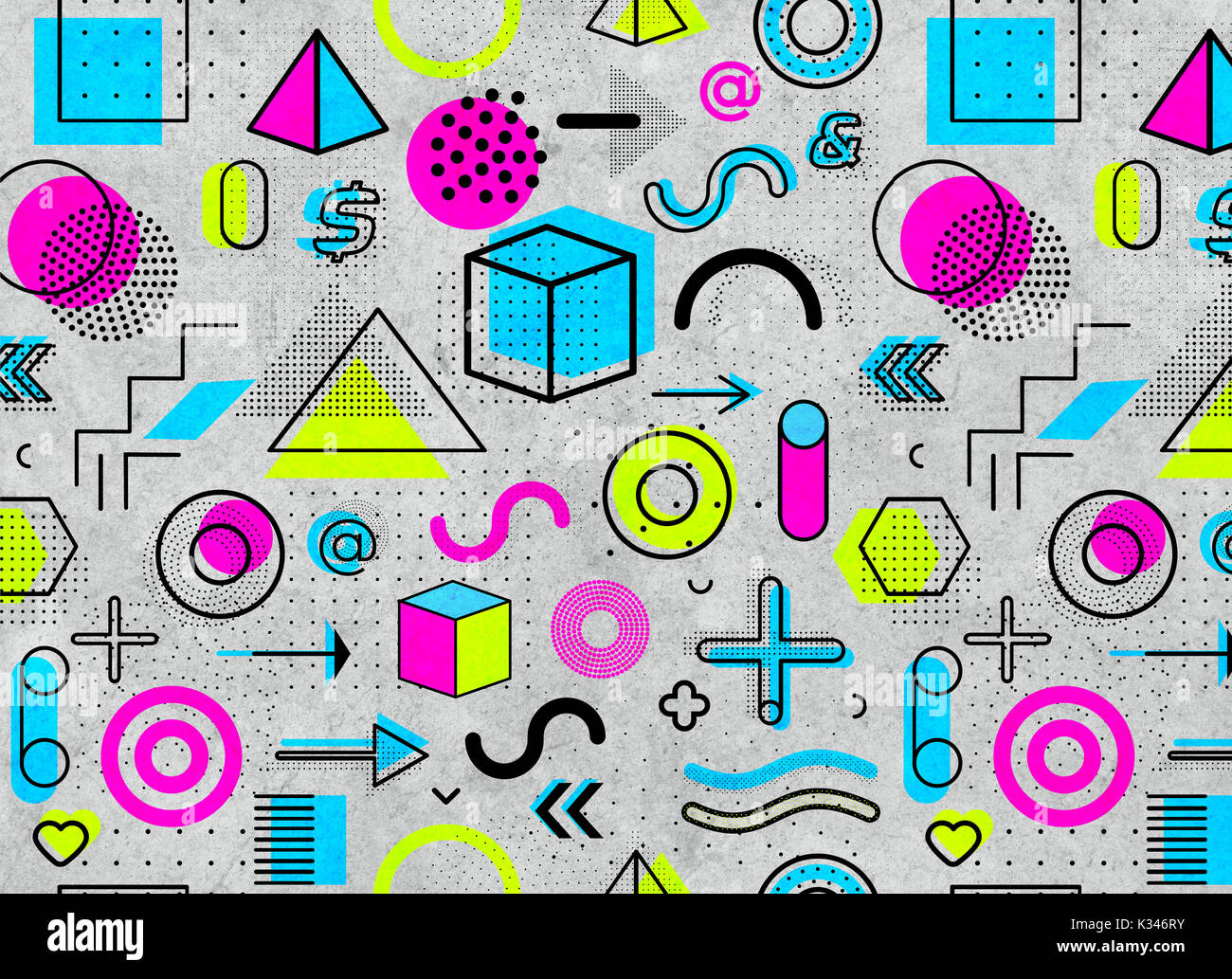 Geometrische Memphis Muster für Mode und Tapeten. Universal bunt dekorativ geometrische Elemente und Formen auf Grunde Hintergrund Stockfoto