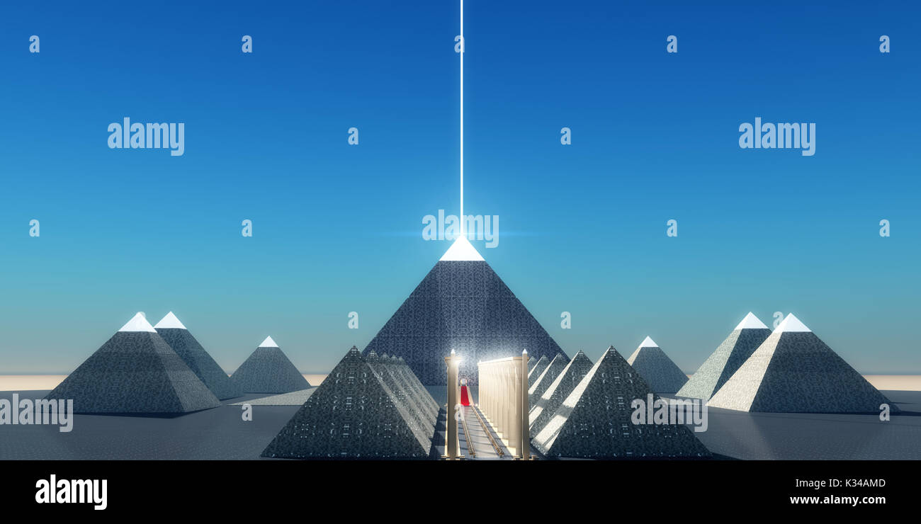 Ein Lichtstrahl aus der Spitze einer Ägyptischen Pyramide der Geist des Pharao in den Himmel zu transportieren. Stockfoto