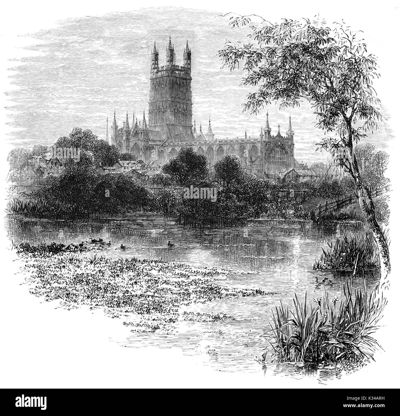 1870: die Kathedrale von Gloucester, formal die Kathedrale des Hl. Petrus und der Heiligen und unteilbaren Dreifaltigkeit aus über dem Fluss Severn gesehen. Es entstand in 678 oder 679 und wurde von König Heinrich VIII. aufgelöst Gloucester, England. Stockfoto