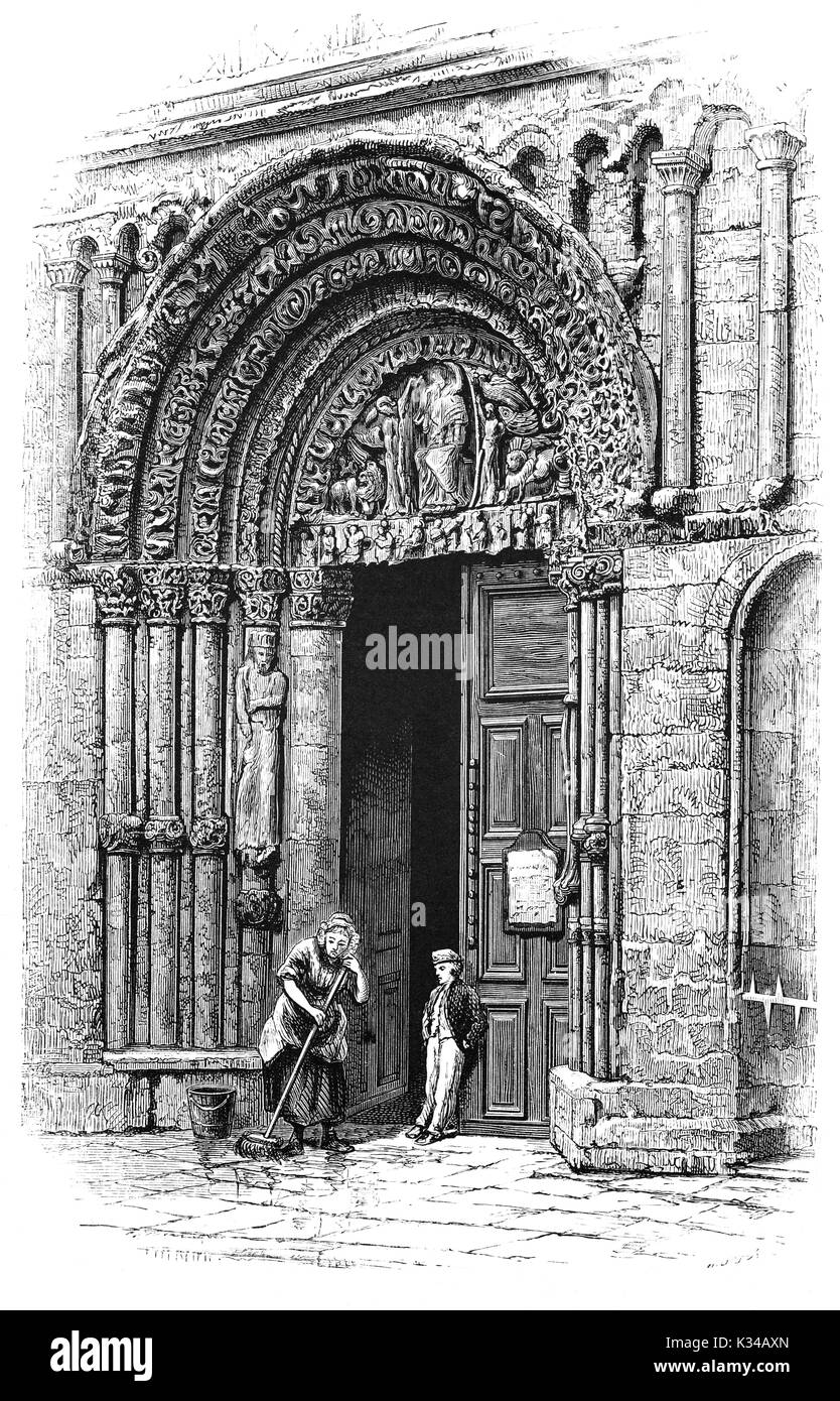 1870: Rochester Kathedrale, formal die Kathedrale Kirche Christi und der Heiligen Jungfrau Maria, um 1080 gebaut, ist ein englischer Kirche für normannische Architektur in Rochester, Kent, England. Der Great West Tür ist von Norman arbeiten mit konzentrischen gemusterten Bögen. Die halbrunde Tympanon zeigt Christus in der Mitte, mit heiligen Justus und Ethelbert ihn flankierenden auf beiden Seiten der Tür. Stockfoto