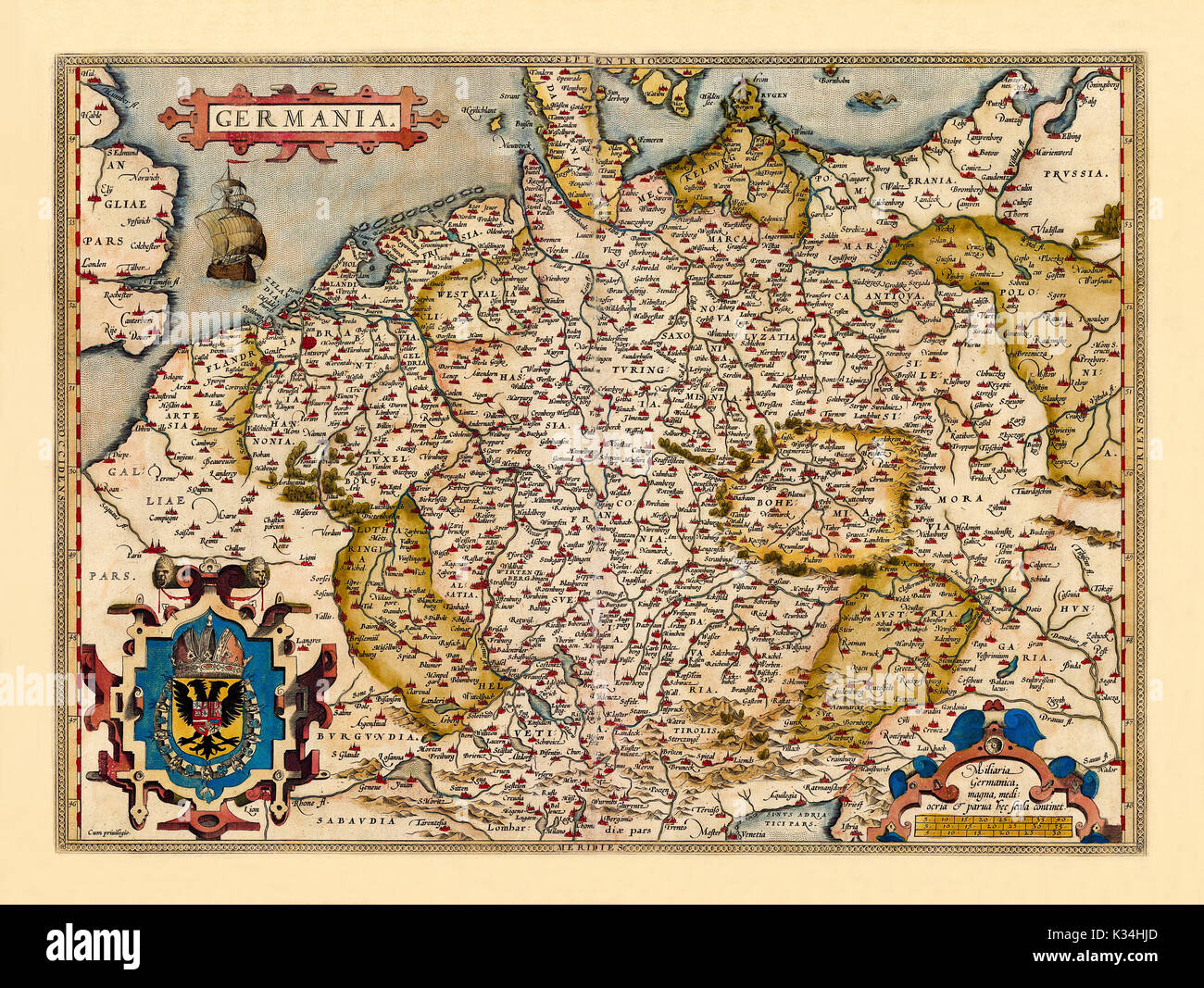 Alte Karte von Deutschland in ausgezeichnetem Erhaltungszustand. Von Ortelius, Theatrum Orbis Terrarum, Antwerpen, 1570 Stockfoto