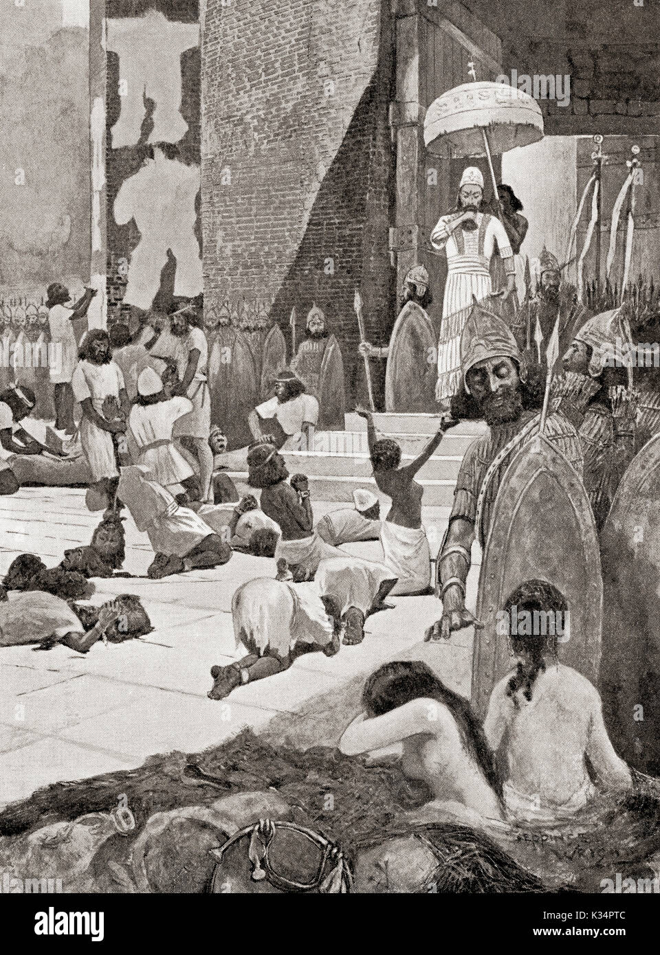 Ashur-Nasir-pal II mit seinen Gefangenen des Krieges. Eine der am meisten barbarious der assyrischen Könige, seine Behandlung der Gefangenen in seiner Wildheit einzigartig war, darunter das Abschneiden ihrer Köpfe, Ohren, Nasen, Lippen, Hände und Füße. Ashur-Nasir-pal II., König von Assyrien, 883-859 v. Chr.. Von Hutchinson's Geschichte der Nationen, veröffentlicht 1915. Stockfoto