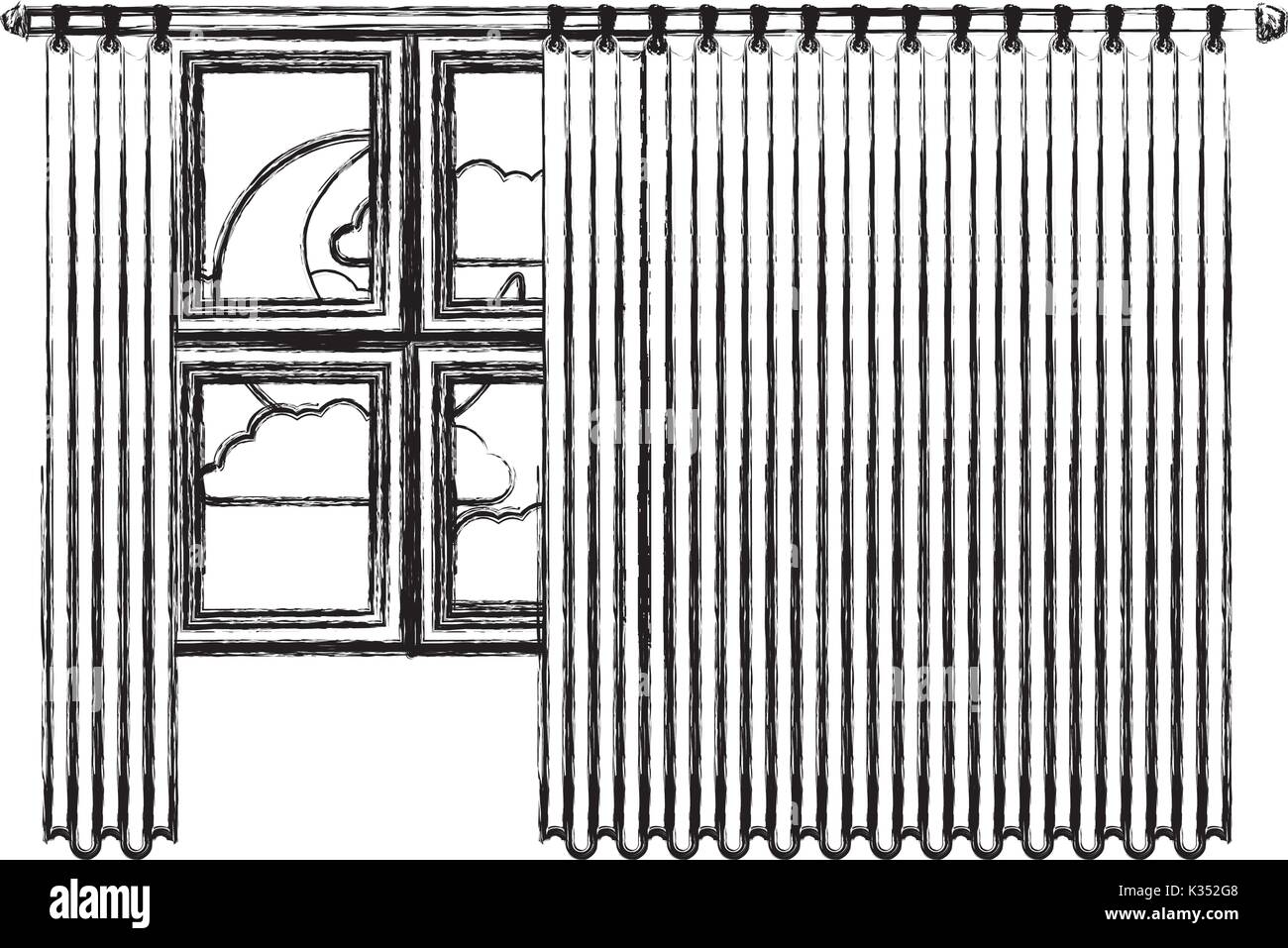 Großes Fenster mit Vorhang und Nacht Landschaft unscharfe Silhouette auf weißem Hintergrund Stock Vektor