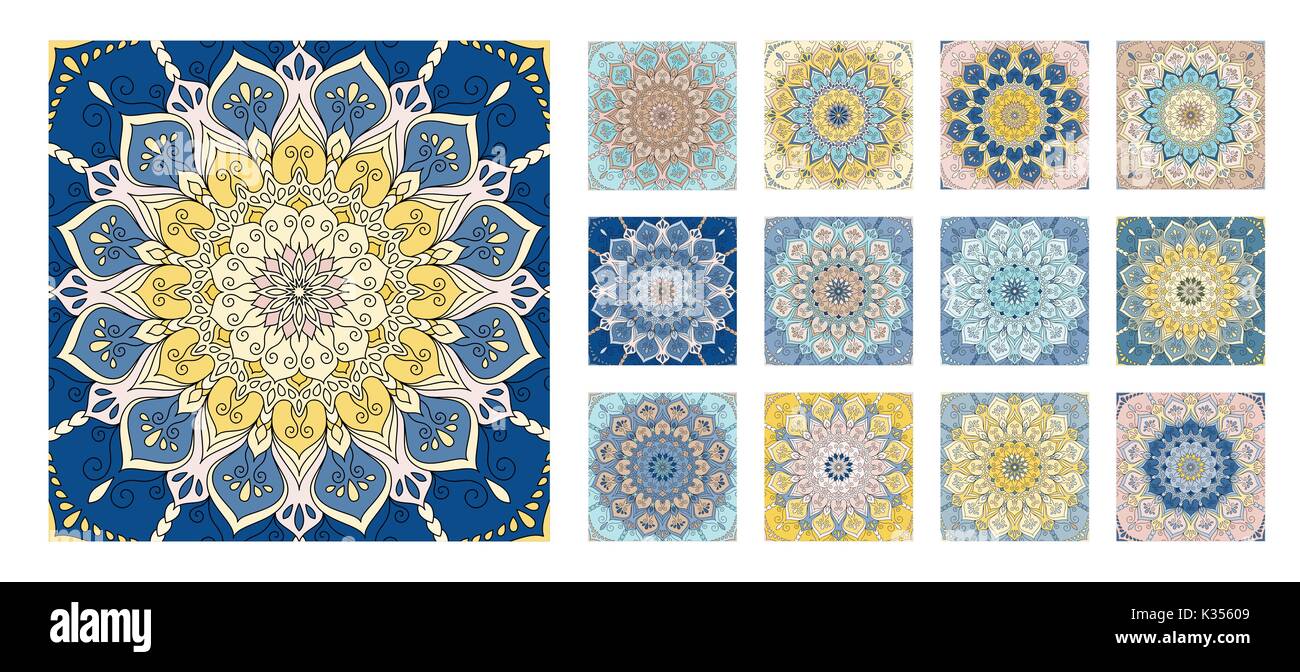 Blumenmuster Fliese Blau Gelb Mandala Stock Vektor