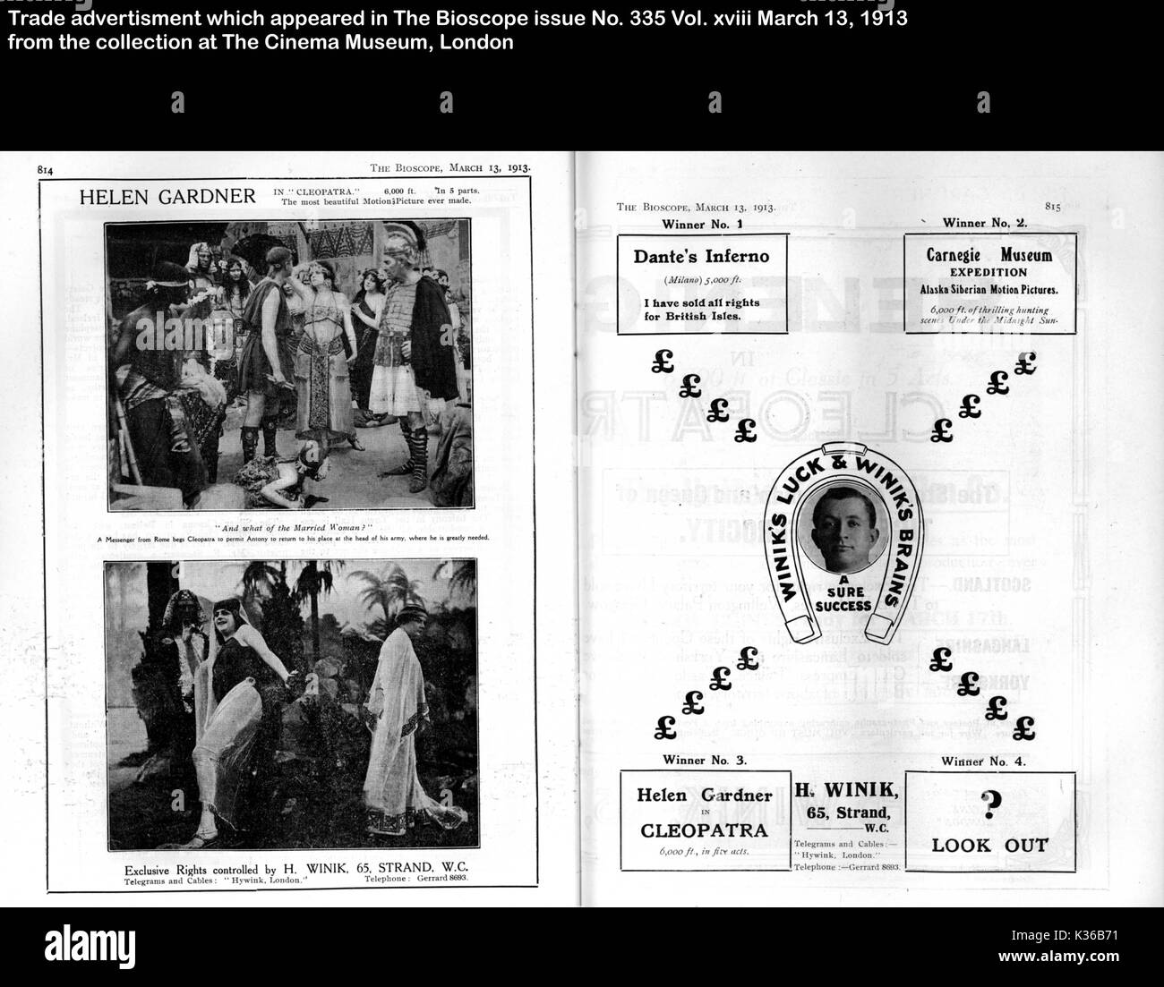 Handel WERBUNG QUELLE DAS BIOSCOPE AUSGABE Nr. 335 Vol. XVIII 13 MÄRZ 1913 SAMMLUNG DAS KINO MUSEUM LONDON Stockfoto