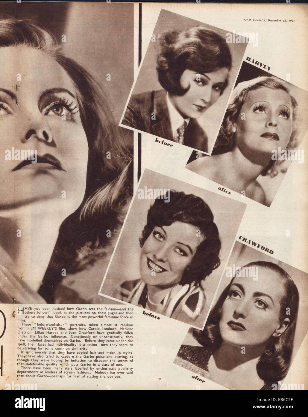 FILM MAGAZIN ZEIGT VOR UND NACH Portraits von LILLIAN HARVEY UND JOAN CRAWFORD Stockfoto