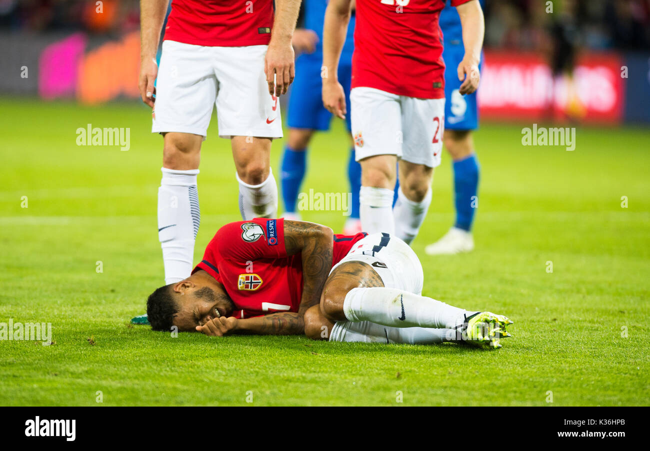 Oslo, Norwegen. 01 Sep, 2017. Norwegen, Oslo - September 1, 2017. (7) Joshua König von Norwegen in den Schmerz während der WM-Qualifikationsspiel zwischen Norwegen und Aserbaidschan an Ullevaal Stadion in Oslo gesehen. Credit: Gonzales Foto/Alamy leben Nachrichten Stockfoto