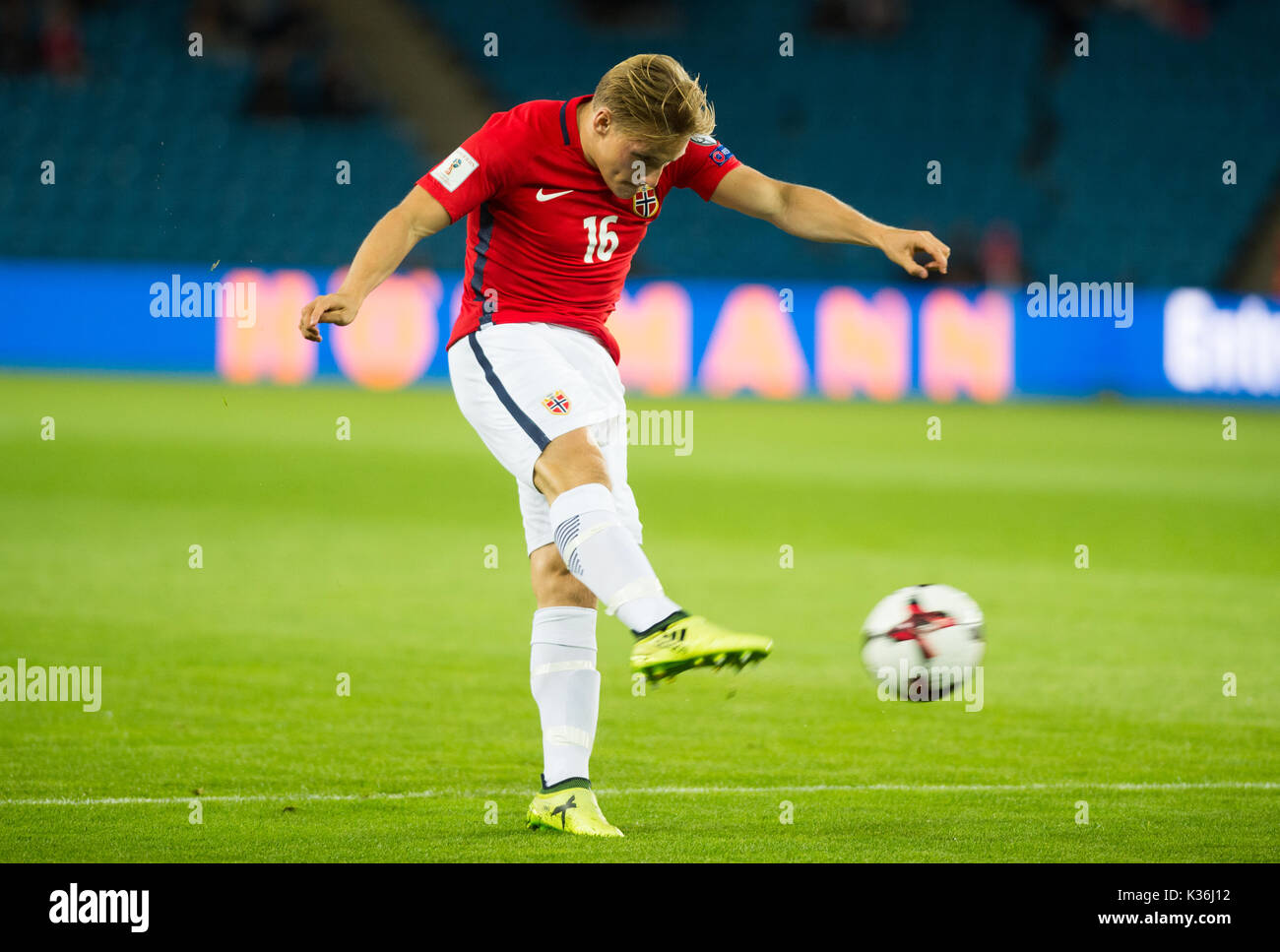 Oslo, Norwegen. 01 Sep, 2017. Norwegen, Oslo - September 1, 2017. Jonas Svensson (16) Norwegen während der WM-Qualifikationsspiel zwischen Norwegen und Aserbaidschan an Ullevaal Stadion in Oslo gesehen. Credit: Gonzales Foto/Alamy leben Nachrichten Stockfoto