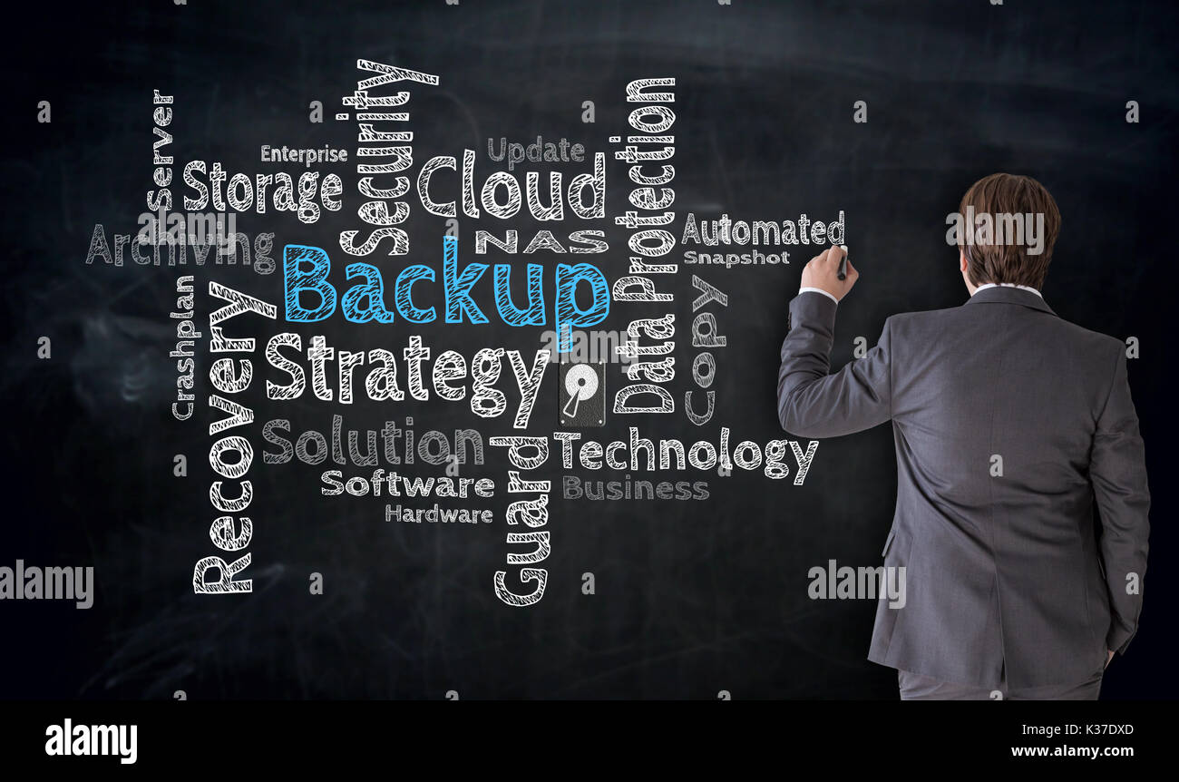 Geschäftsmann schreibt Backup Cloud auf der Tafel Konzept. Stockfoto