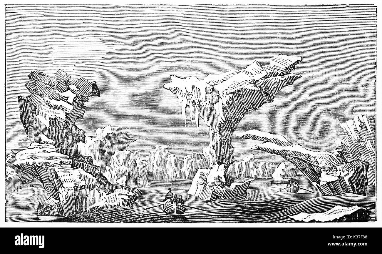 Alte boot Ventures unter Eisberge in der kalten arktischen Ozean. Horizontale grafische Komposition. Alte Illustration von unbekannter Autor auf Magasin Pittoresque Paris 1834 veröffentlicht. Stockfoto