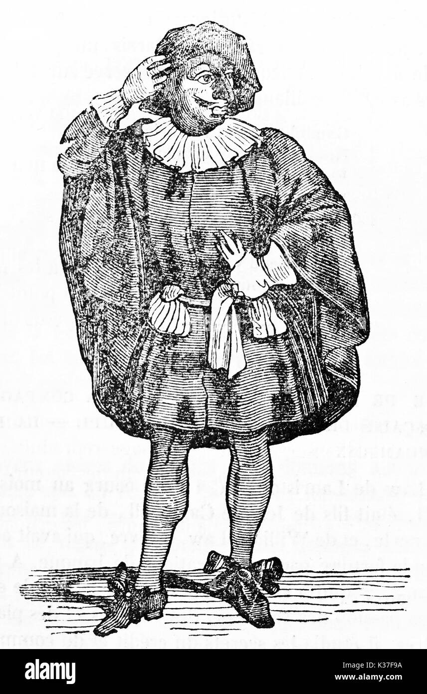 Docteur Balouarde, komische maskierte Zeichen in Italienischen und Französischen Theatertradition in seiner Szene Kostüm. Alte Abbildung von nicht identifizierten Thema publ. Auf Magasin Pittoresque Paris 1834 Stockfoto