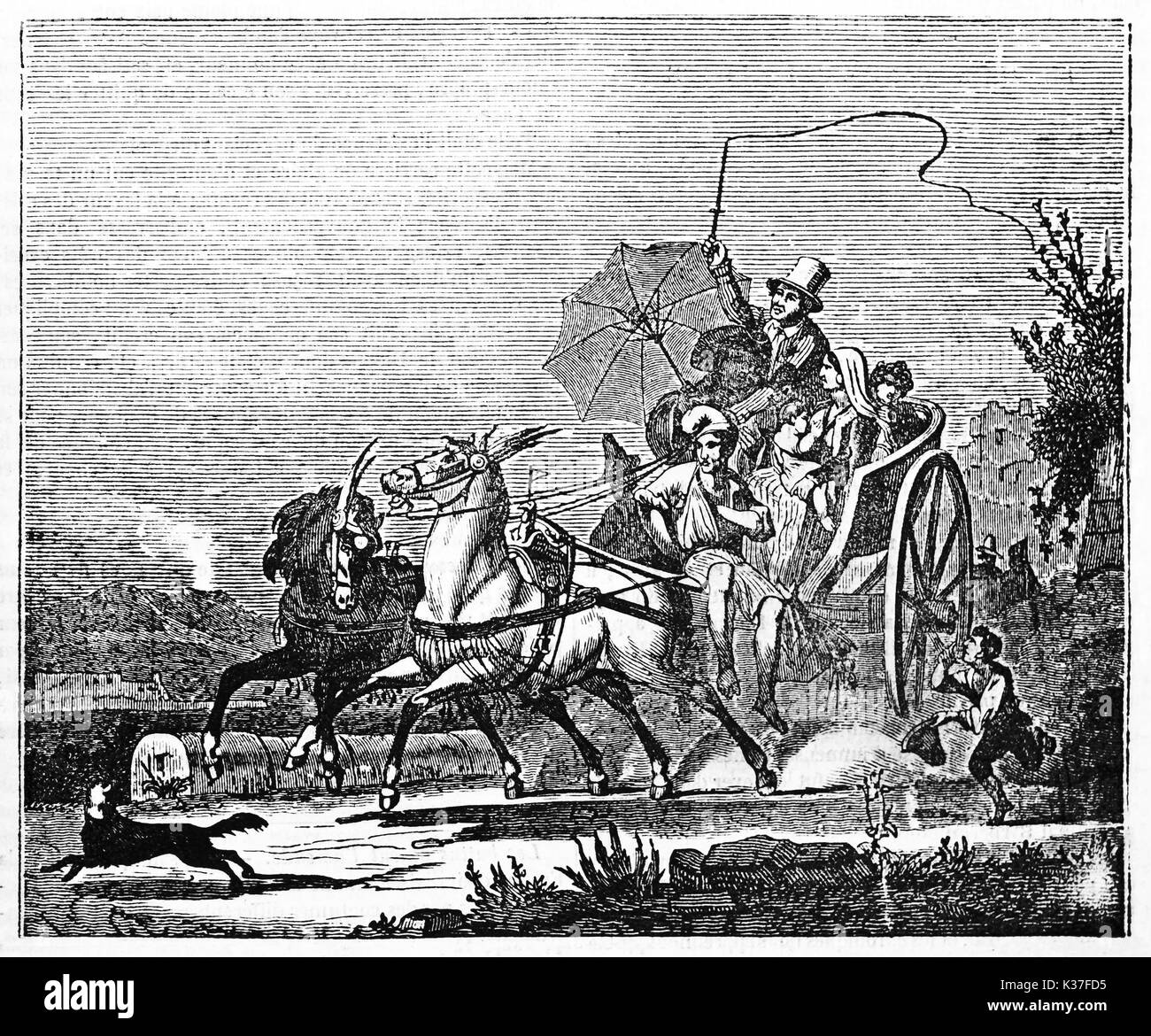 Alten neapolitanischen calash mit Pferden überqueren schnell eine Landschaft Pfad, Passagiere an Bord und Kutscher. Alte Illustration von unbekannter Autor auf Magasin Pittoresque Paris 1834 veröffentlicht. Stockfoto