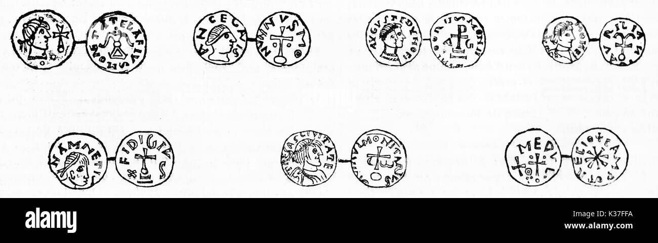 Antike der französischen Münzen, auf weißem Hintergrund. Alte Illustration von unbekannter Autor auf Magasin Pittoresque Paris 1834 veröffentlicht. Stockfoto