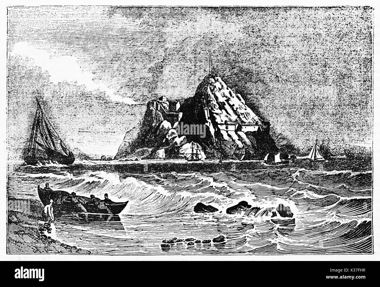 Festung auf einem Felsen im Meer und Männer Walzenhöhen, ein Boot zu den noch Boden, dunbarton Burg auf dem Clyde River Schottland. Alte Illustration von Jackson auf Magasin Pittoresque Paris 1834 veröffentlicht. Stockfoto