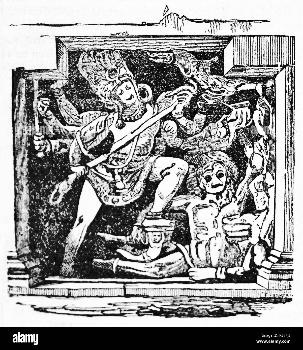 Alte Zeichen der indischen Mythologie, die Vervielfältigung von DUS-awtar Flachrelief in Ellora Höhlen gefunden Indien. Alte Illustration von unbekannter Autor auf Magasin Pittoresque Paris 1834 veröffentlicht. Stockfoto