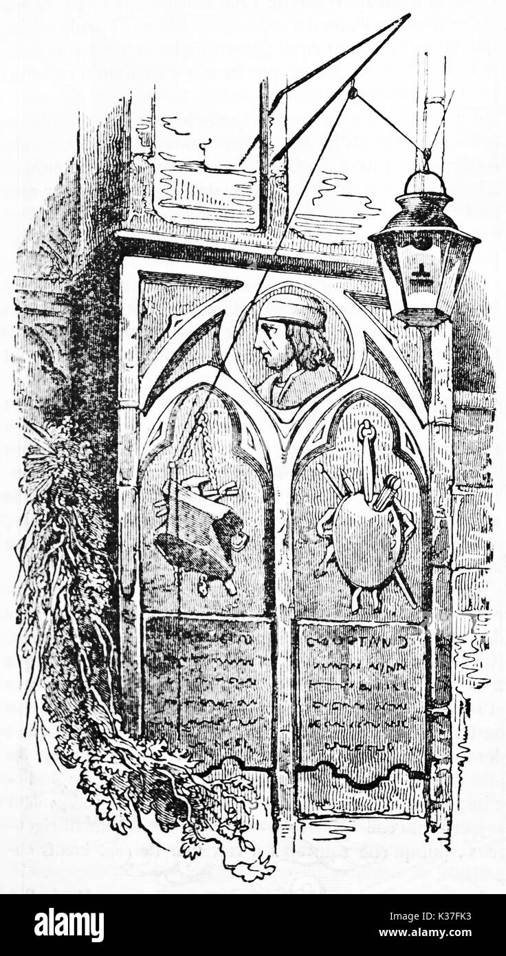Alte steinerne Epitaph zu Quentin Metsys in Antwerpen Kathedrale Außenwand. Alte Illustration von unbekannter Autor auf Magasin Pittoresque Paris 1834 veröffentlicht. Stockfoto