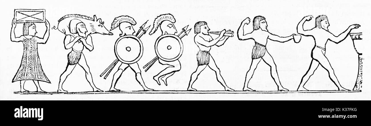 Alte Männer, Soldaten, Jäger und Frau realisiert in der antiken etruskischen Zeichenstil. Alte Illustration von unbekannter Autor auf Magasin Pittoresque Paris 1834 veröffentlicht. Stockfoto