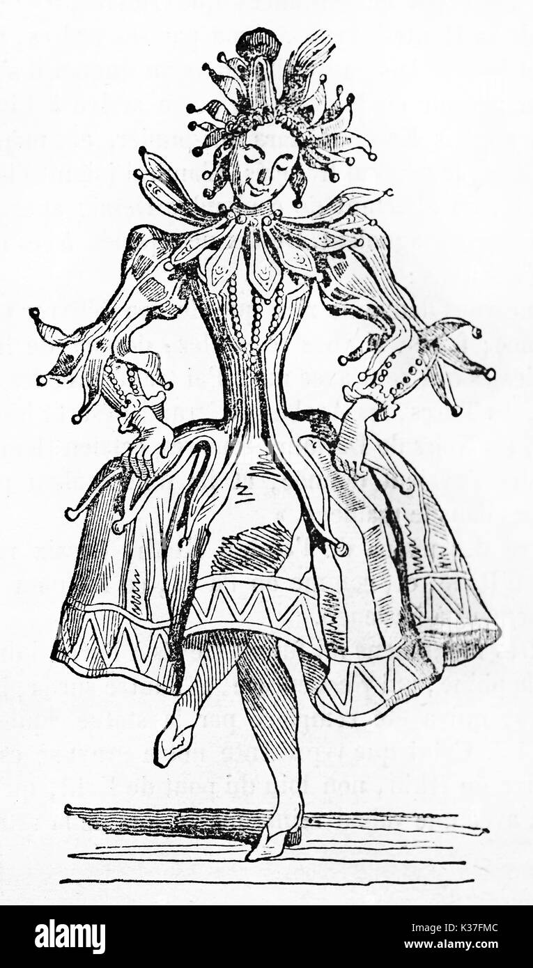 Elegante Hündin jester tanzen in ihrer mittelalterlichen Frau Kleider. Alte Illustration von unbekannter Autor auf Magasin Pittoresque Paris 1834 veröffentlicht. Stockfoto