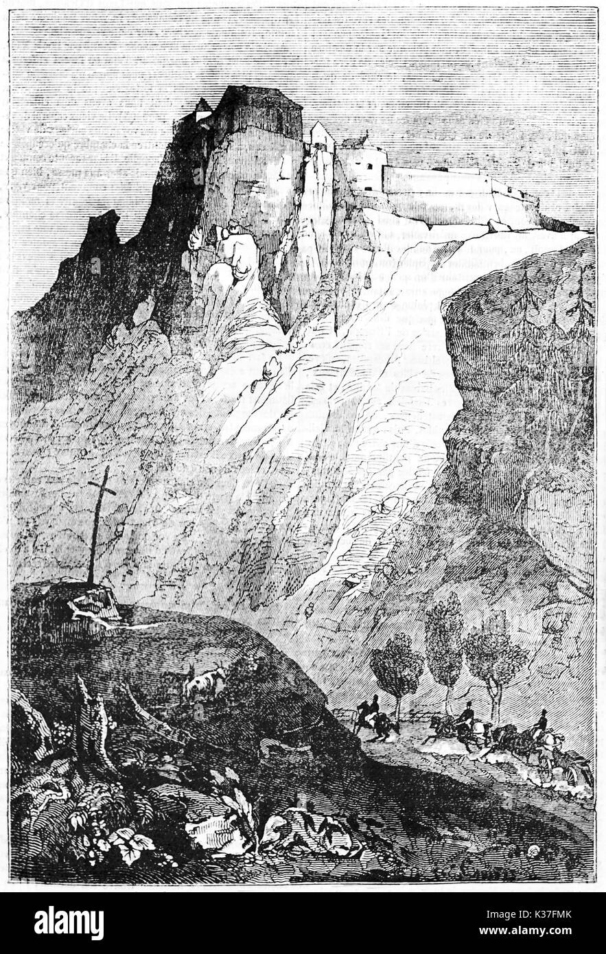 Mittelalterliche Festung sich auf einem hohen Felsen, Fort de Joux Jura, Frankreich. Alte Illustration von Jackson Erstellt am Magasin Pittoresque Paris 1834 veröffentlicht. Stockfoto