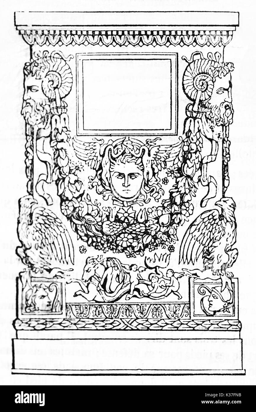 Antike griechische Grabmal reich an klassische Dekorationen mit einem einfachen schwarzen Umrisse ausgeführt. Alte Illustration von unbekannter Autor auf Magasin Pittoresque Paris 1834 veröffentlicht. Stockfoto