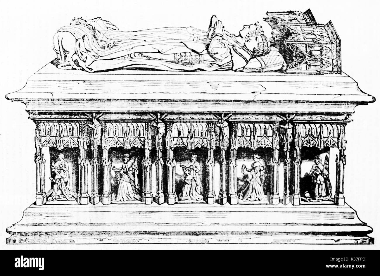 Majestic Stein monumentale Grab des Gisants von Charles I und Agnés de Bourgogne in Priorei von Kirche in Frankreich. Alte Illustration von unbekannter Autor auf Magasin Pittoresque Paris 1834 veröffentlicht. Stockfoto