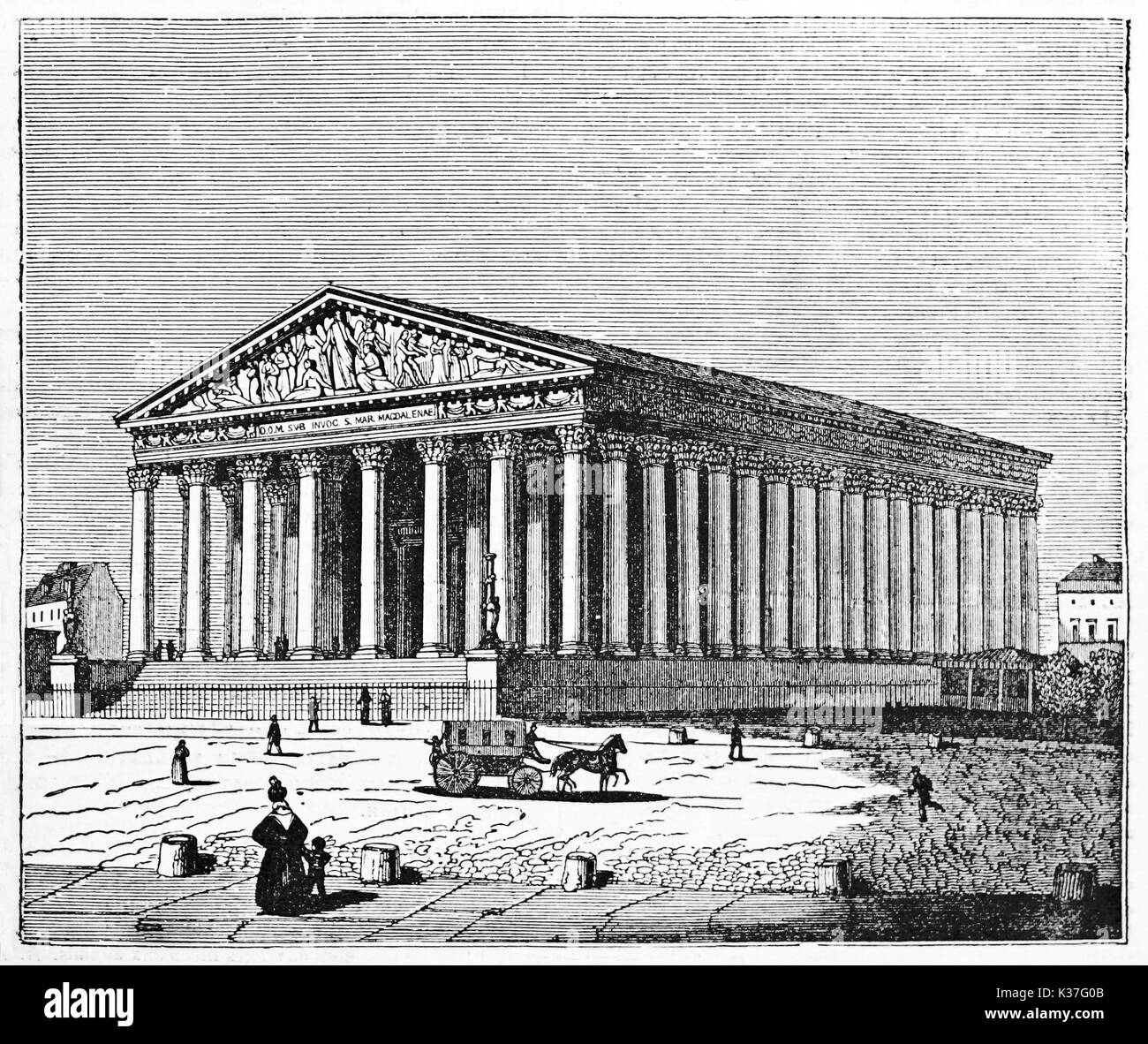 Gesamtansicht von La Madaleine Kirche, Paris, ähnlich wie bei einem alten griechischen Tempel. Alte Illustration von Jackson auf Magasin Pittoresque Paris 1834 veröffentlicht. Stockfoto