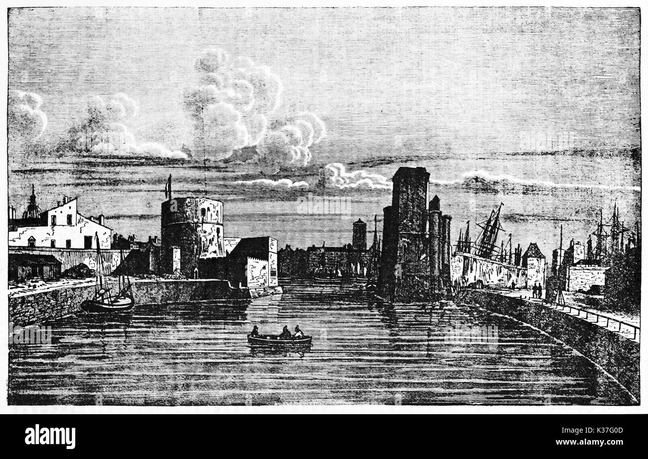 Alte Gesamtansicht von La Rochelle Seehafen Frankreich, mittelalterlichen Hafen auf einer flachen, ruhigen Meer. Alte Abbildung von Andrew Beste und Leloir auf Magasin Pittoresque Paris 1834 veröffentlicht. Stockfoto