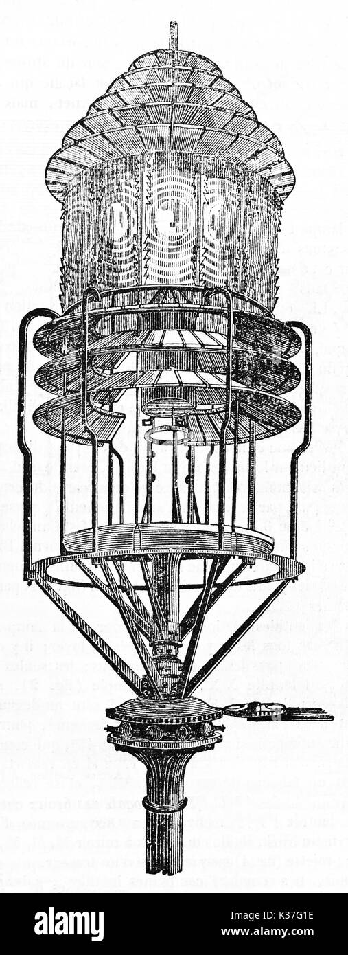 Isolierte alte Beleuchtung Gerät von Saint-Mathieu Leuchtturm. Alte Illustration von unbekannter Autor, auf Magasin Pittoresque, Paris, 1834 veröffentlicht. Stockfoto