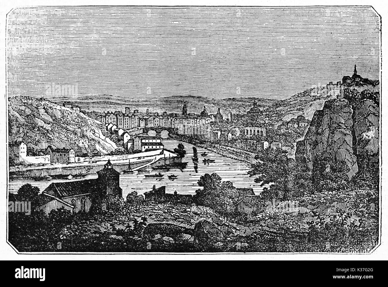 Alte Ansicht von Lyon aus der Pierre Scize, Frankreich. Alte Illustration von unbekannter Autor, auf Magasin Pittoresque, Paris, 1834 veröffentlicht. Stockfoto
