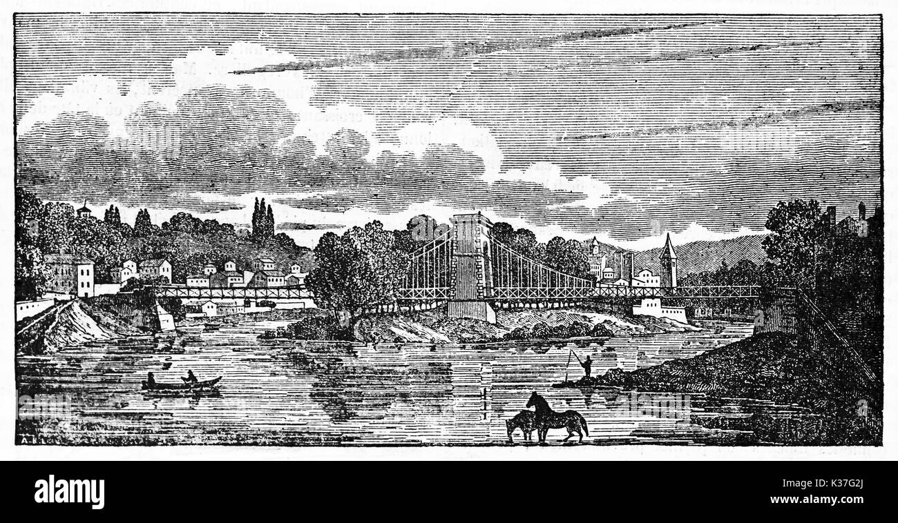 Alte europäische Stadt mit einer Brücke, die als wichtigstes Element. Ile Barbe Suspension Bridge, Lyon, Frankreich. Alte Illustration von unbekannter Autor, auf Magasin Pittoresque, Paris, 1834 veröffentlicht. Stockfoto