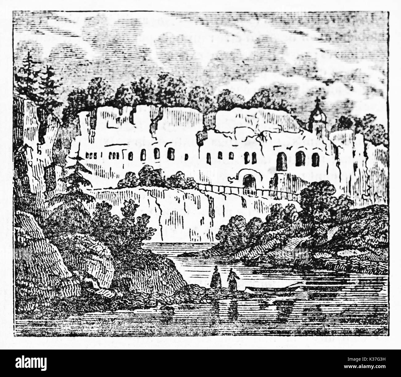 Eindrucksvollen natürlichen Platz mit einem mysteriösen Gebäude. Madelein hermitage Ohr Fribourg, Schweiz. Alte Illustration von unbekannter Autor, auf Magasin Pittoresque, Paris, 1834 veröffentlicht. Stockfoto