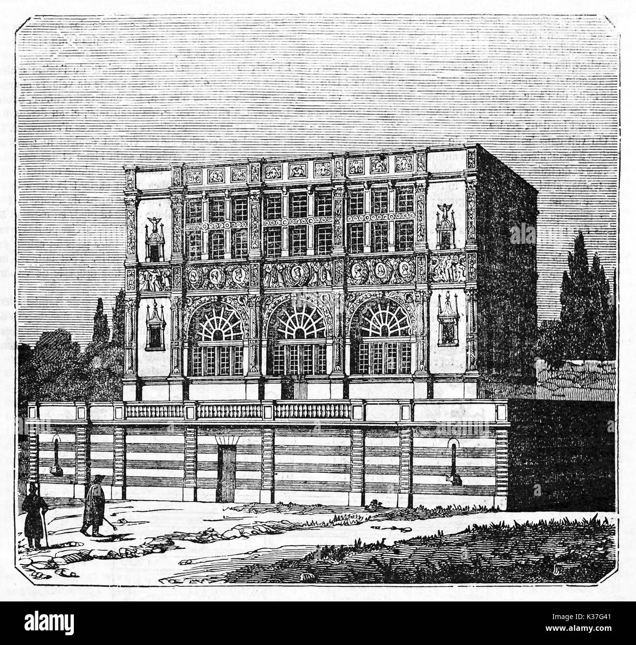 Alte Ansicht von Maison de Francois I (in Fontainebleau, in Champs Elisees 1826 transportiert gebaut, nicht mehr am heutigen Tage existiert). Alte Illustration von unbekannter Autor, Hrsg. auf Magasin Pittoresque, Paris, 1834 Stockfoto