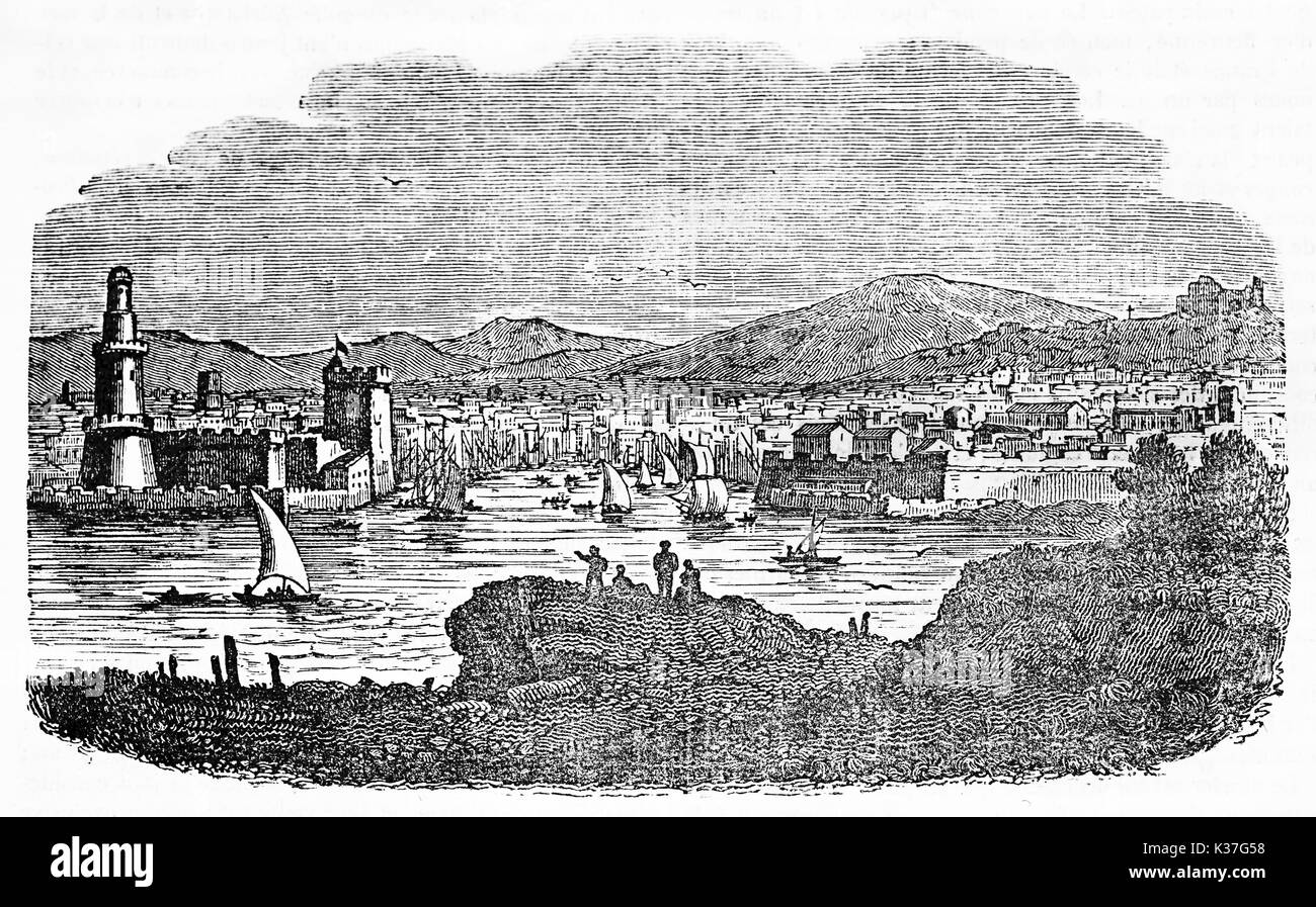 Antike Stadt am Meer und seinen Hafen mit Segelbooten. Marseille, Frankreich. Alte Illustration von Lee, auf Magasin Pittoresque, Paris, 1834 veröffentlicht erstellt Stockfoto