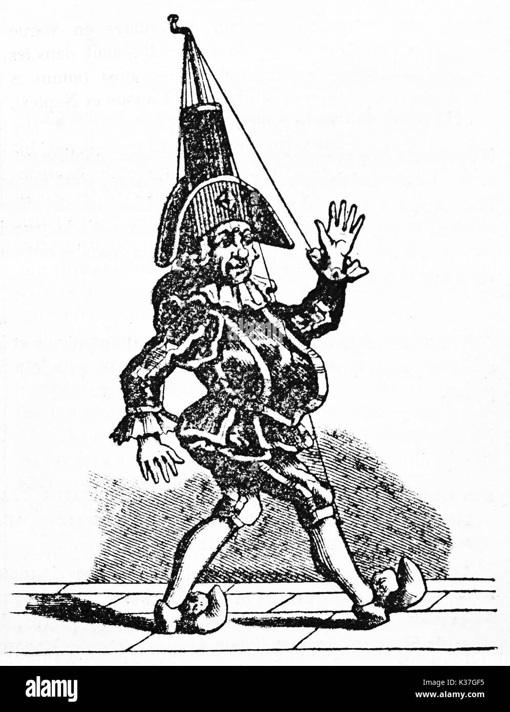 Pulcinella Marionette Version, klassischen italienischen Charakter, die sich in der Szene in seinem traditionellen alten Kleidung. Alte Illustration von unbekannter Autor auf Magasin Pittoresque Paris 1834 veröffentlicht. Stockfoto