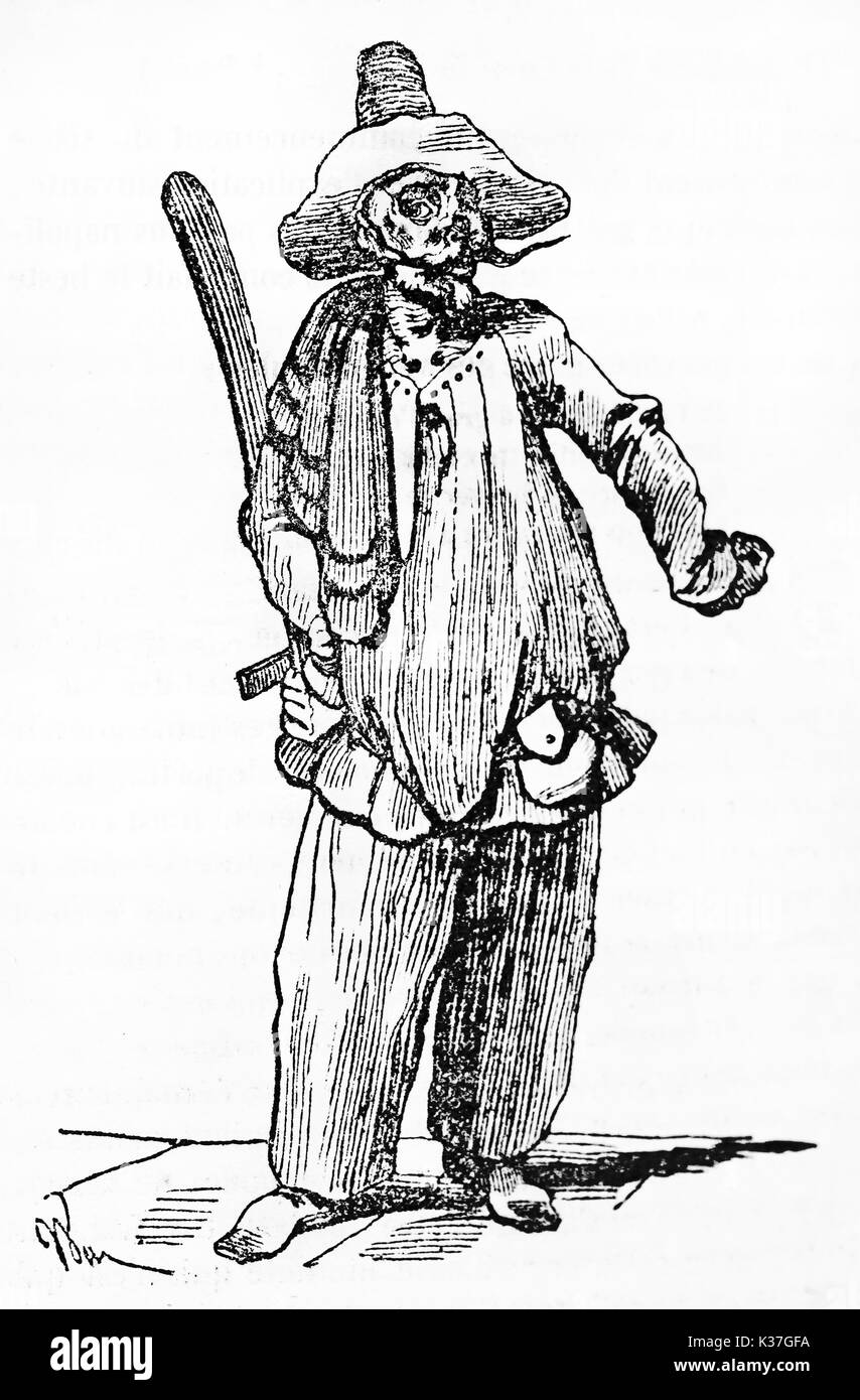 Pulcinella, Italienische Commedia dell'Arte Charakter in seiner Tracht. Alte Illustration von unbekannter Autor auf Magasin Pittoresque Paris 1834 veröffentlicht. Stockfoto