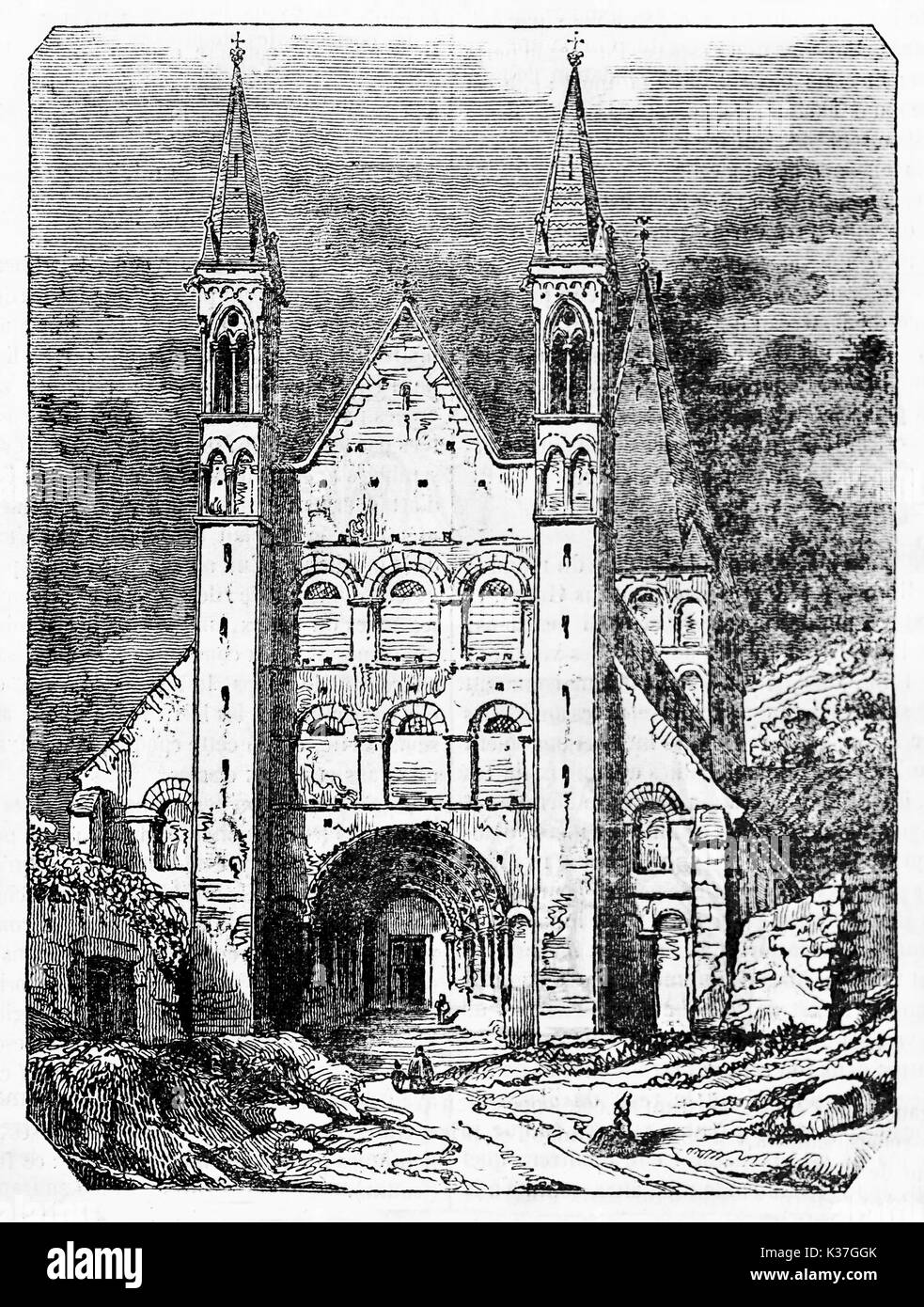 Majestätischen Blick auf die Abtei von Saint-Georges Boscherville, Frankreich, stehend auf einem Felsen. Alte Illustration von unbekannter Autor auf Magasin Pittoresque Paris 1834 veröffentlicht. Stockfoto