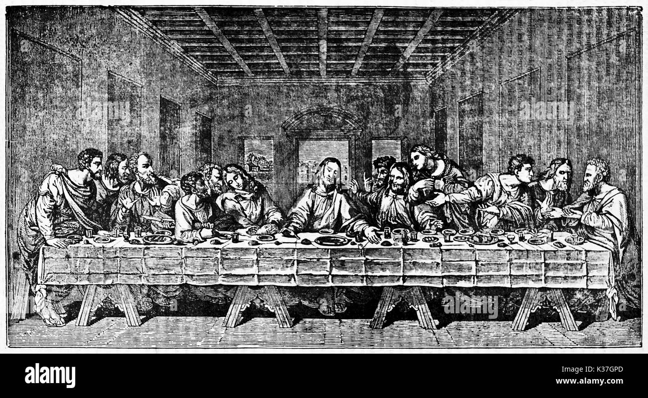 Reproduktion des Letzten Abendmahls, topischen Moment der das Neue Testament mit Jesus in der Mitte seiner Jünger umgeben. Nach Leonardo da Vinci auf Magasin Pittoresque Paris 1834 veröffentlicht. Stockfoto