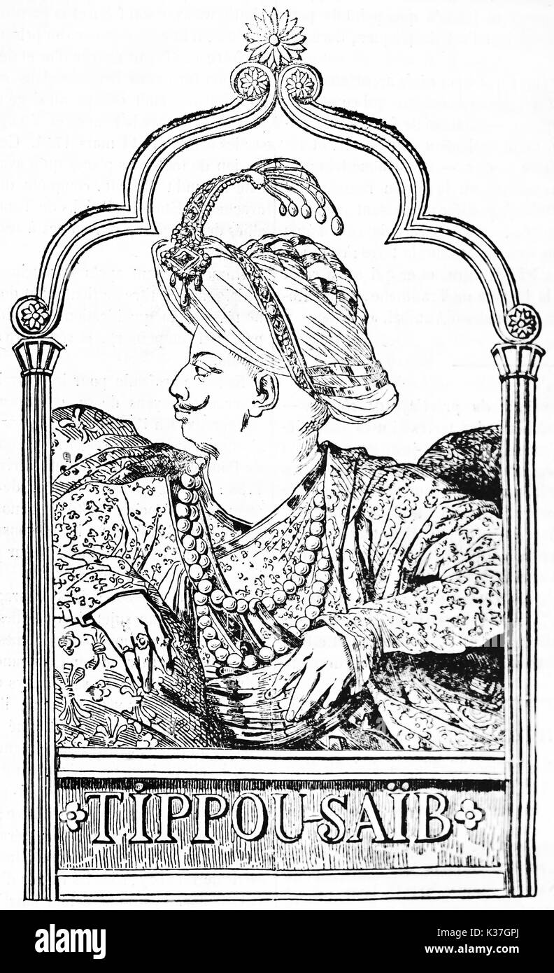 Die Hälfte Körper Porträt einer Sultan Profil in traditionellen reiche Kleider in einem arabischen Rahmen, Tipu (1750 - 1799) Herrscher des Reiches von Mysore. Durch Gigou auf Magasin Pittoresque Paris 1834 veröffentlicht. Stockfoto