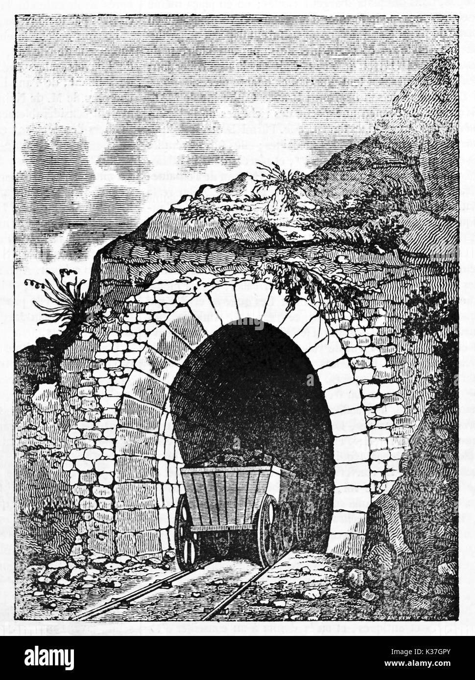 Alte Karren Kohle Transport in einem Tunnel entlang Saint Etienne-Lyon Eisenbahn Frankreich. Alte Illustration von unbekannter Autor auf Magasin Pittoresque Paris 1834 veröffentlicht. Stockfoto