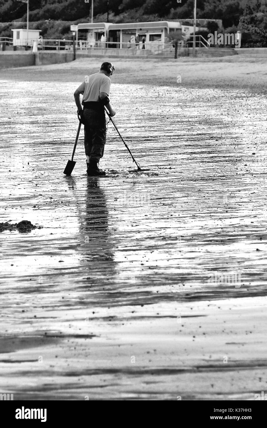 Einen Mann suchen, der Strand in Clacton-on-Sea mit einem Metalldetektor. Stockfoto