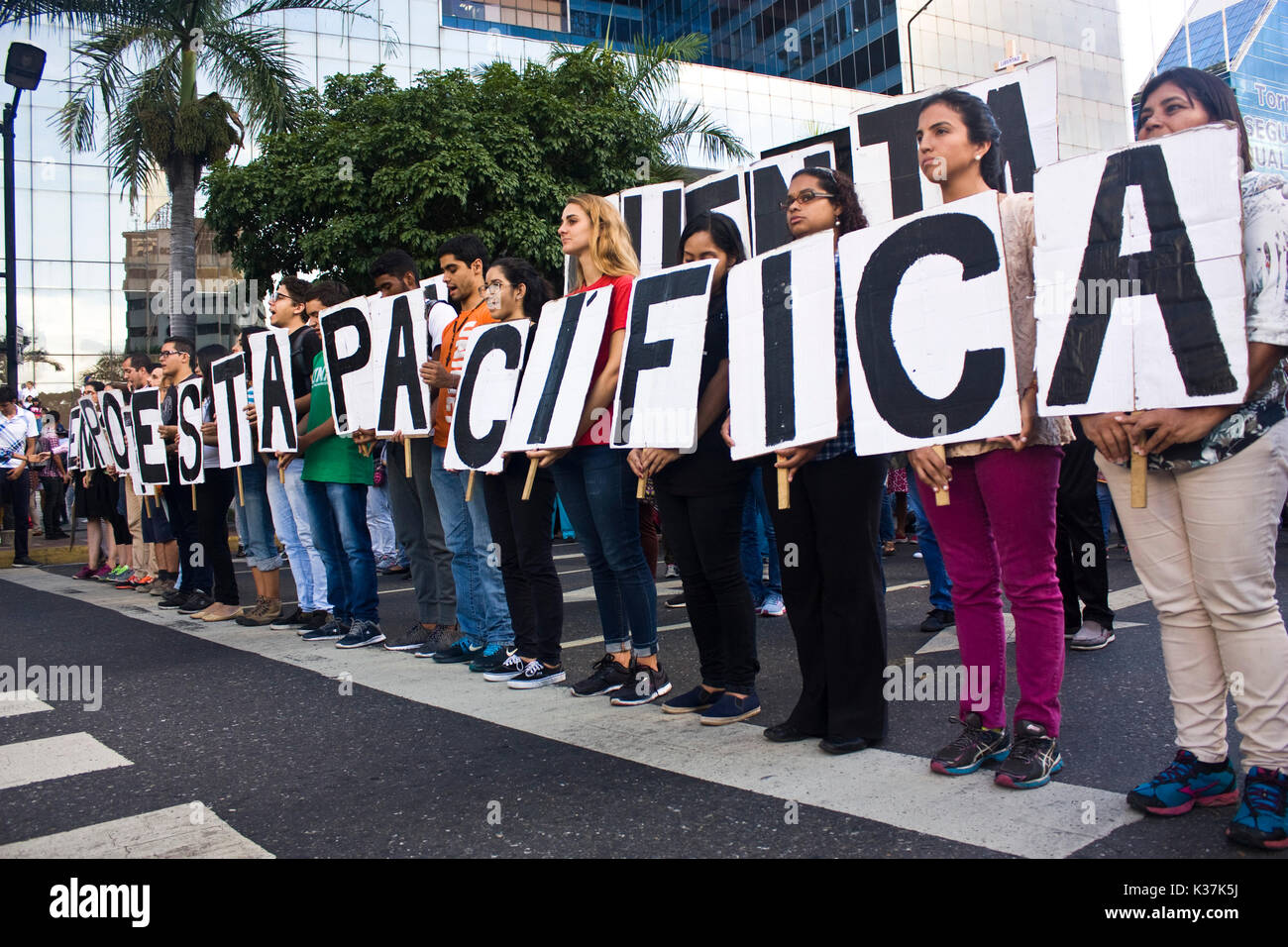Eine Gruppe friedlicher Demonstranten halten Kartons während eines Protestes gegen die Regierung von Nicolás Maduro. Stockfoto