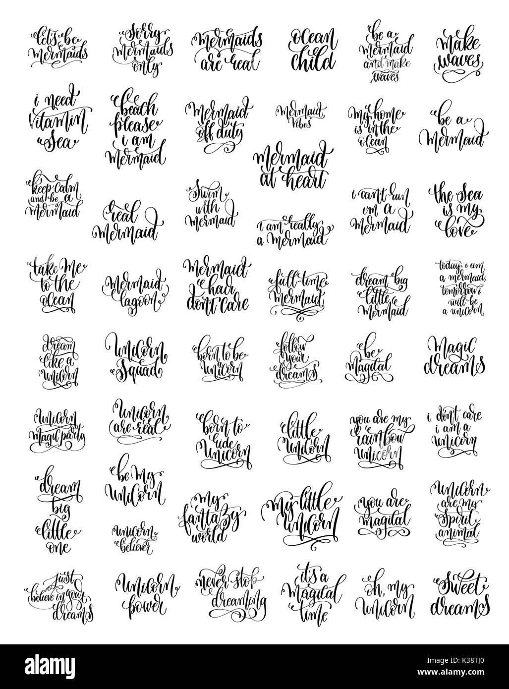 Satz mit 50 schwarze Tinte handschriftliche Schriftzug positive Zitat über Stock Vektor