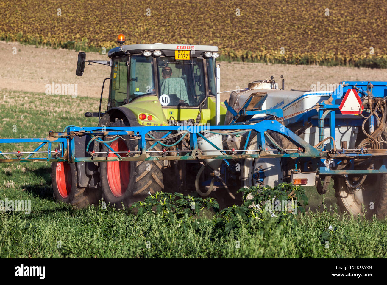 Traktor Claas Sprüht Feldfrüchte, tschechischer Landwirt Stockfoto