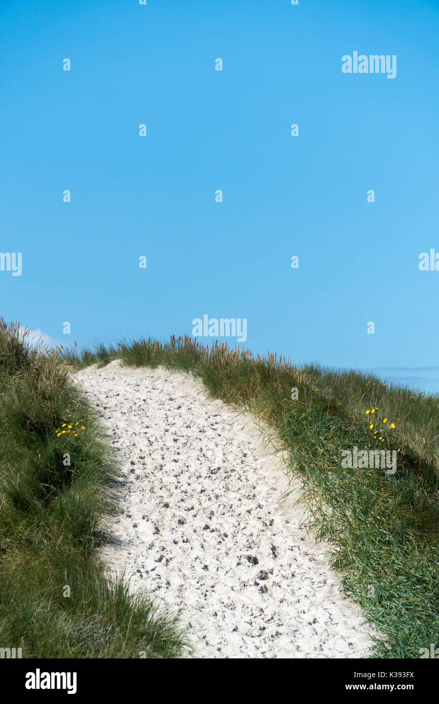 Sand Track mit Footprints über eine Düne zum Strand Stockfoto