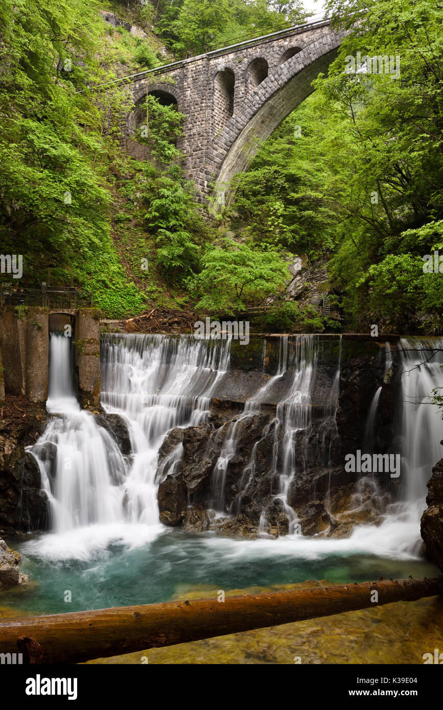 Einzigen bogen Brücke aus Stein für Bohinj Bahnhof über die radovna River Valley an der Schlucht Vintgar mit Log und Wasserfällen im Dam Schleuse tor Slowenien Stockfoto