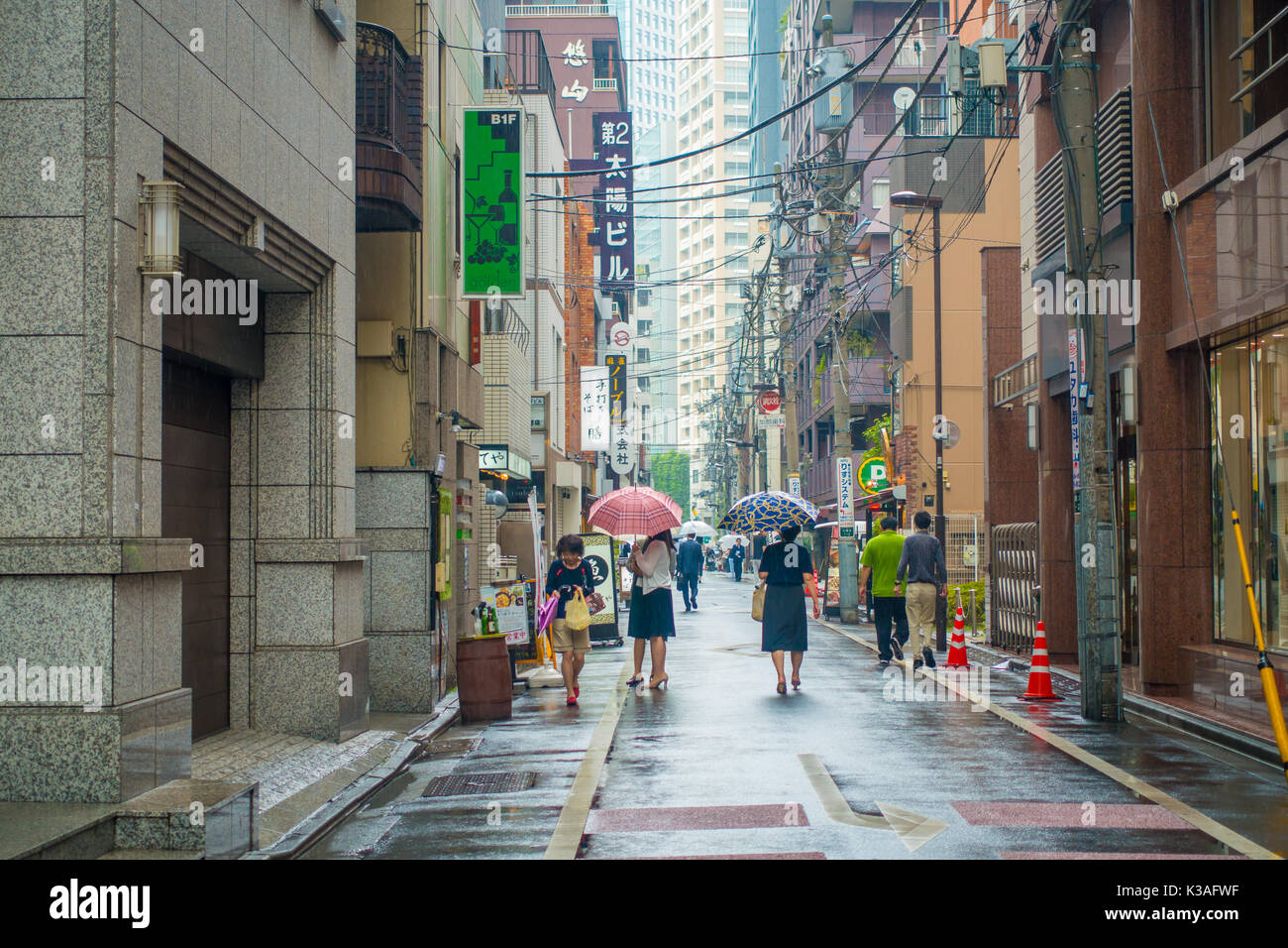 Tokio, Japan, 28. Juni - 2017: Nicht identifizierte Personen unter Sonnenschirmen auf Zebrastreifen Straße in Jimbocho Bezirk in Tokio Stockfoto