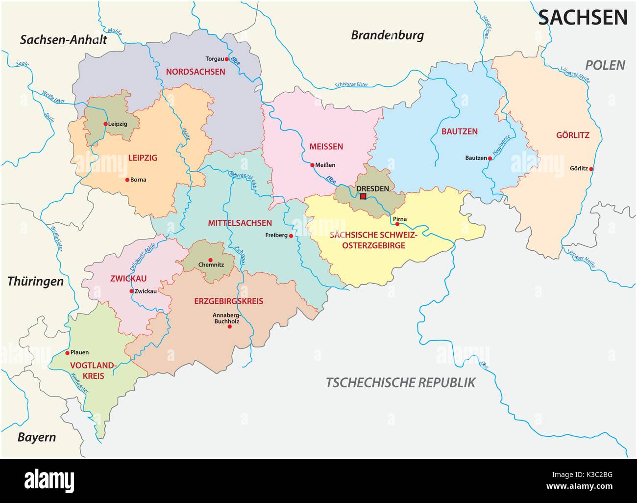 Sachsen administrative und politische Karte in deutscher Sprache Stock Vektor