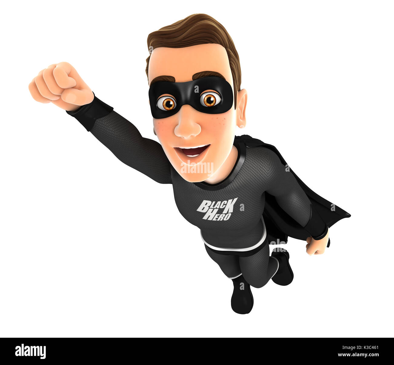 3d-schwarz Held Fliegende, Illustration mit isolierten weißen Hintergrund Stockfoto